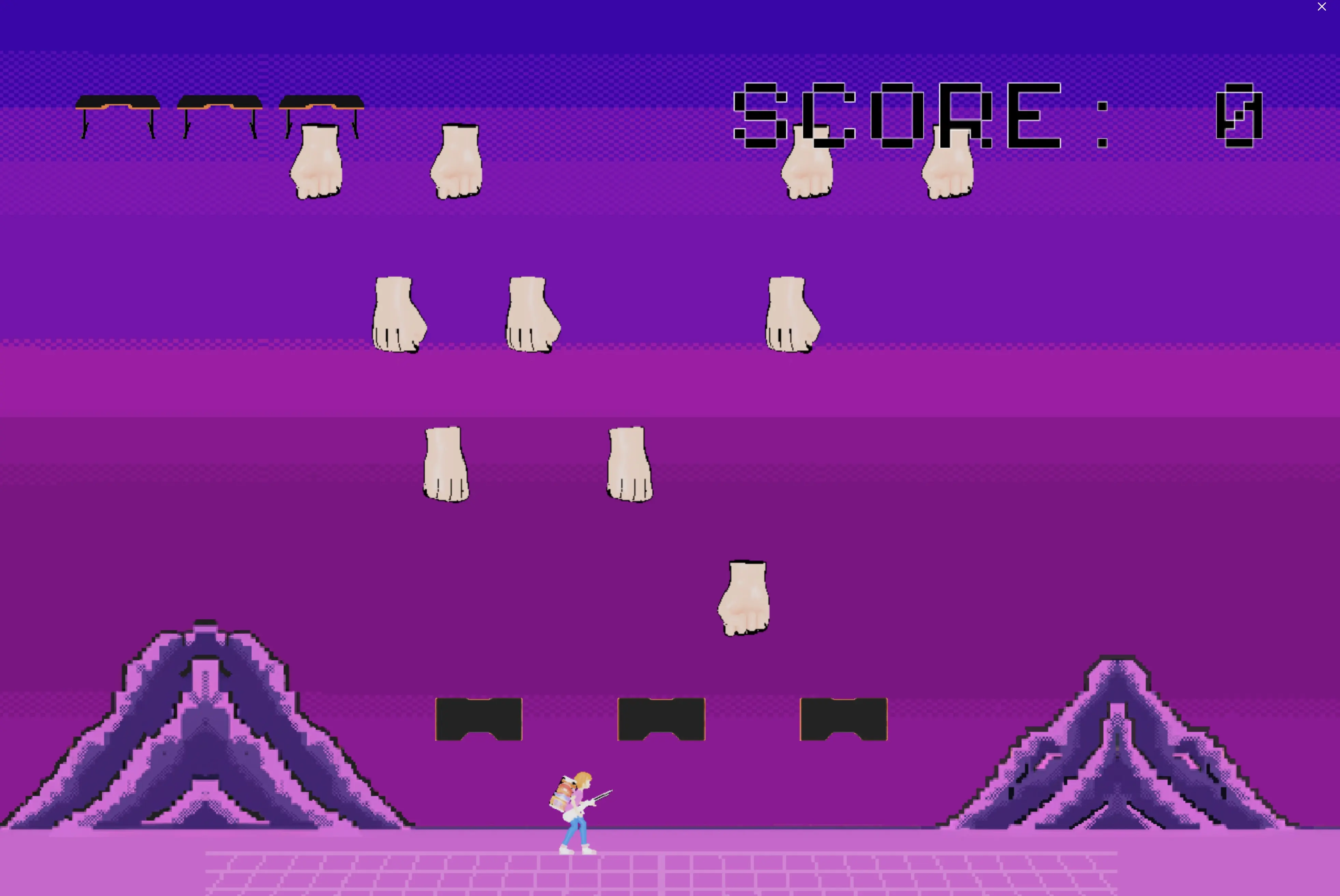 an image of a 2D game with two mountains in the background and fists falling from the sky over the Leetdesk desk