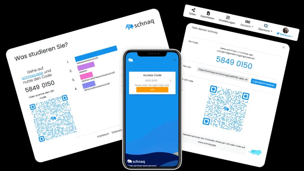 Zentral ist ein Smartphone, welches die Fragenansicht der schnaq App zeigt. Links und Rechts daneben sind Screenshots der schnaq Anwendung, die zeigen, wie Teilnehmer:innen leicht mitmachen können.