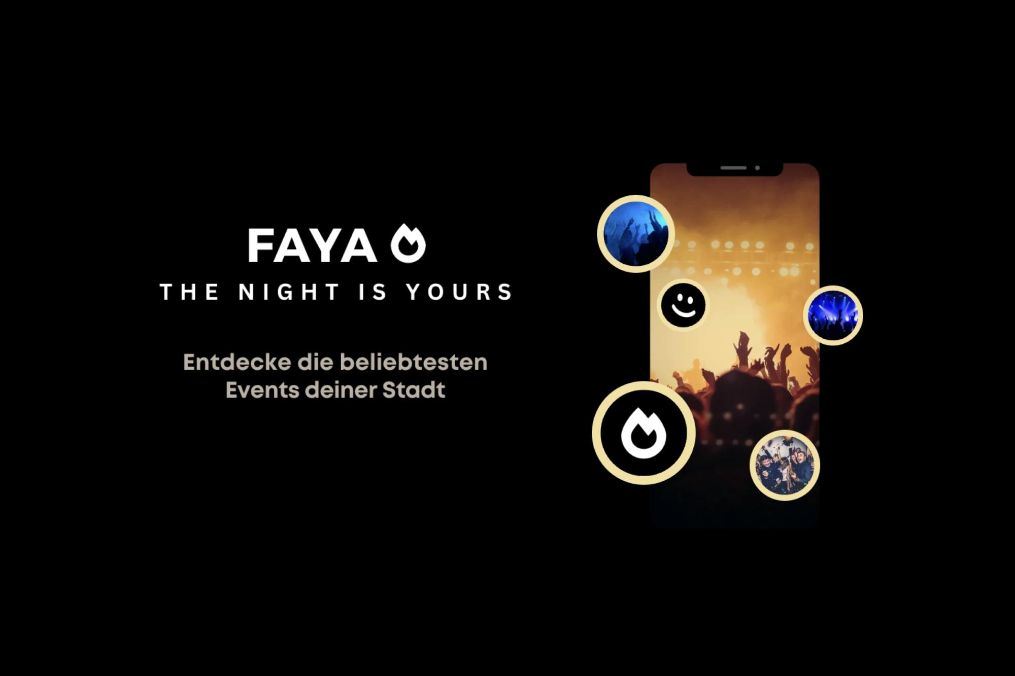 The Faya logo is shown on the left side of the image. On the right side, a smartphone displays the Faya app.